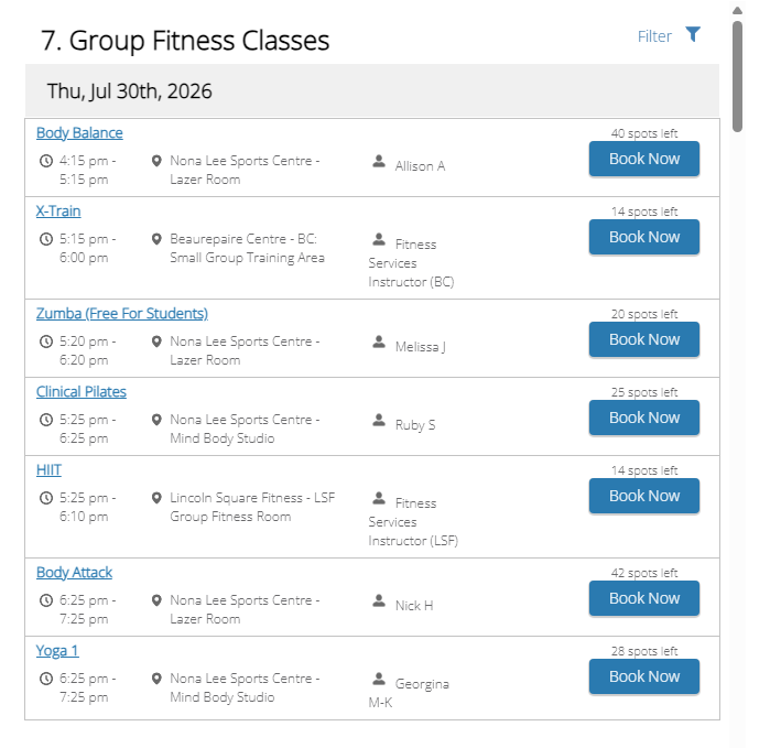学校体育馆有免费游泳和团课，MIIT，Cardio Blitz还有Zumba。