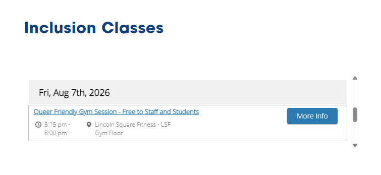 学校体育馆有免费游泳和团课，MIIT，Cardio Blitz还有Zumba。